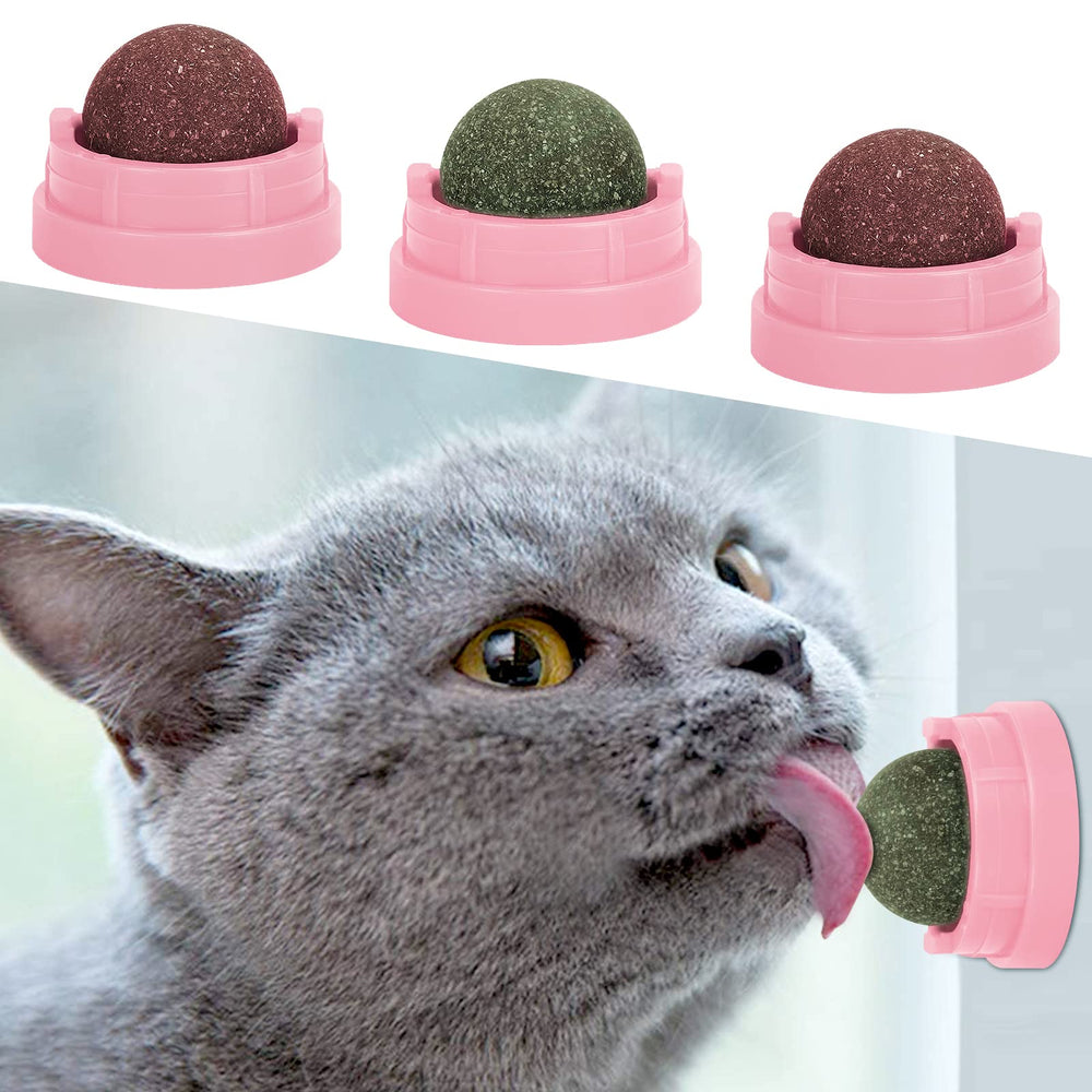 SINROBO 3-pack catnip balls on pink wall attachment for interactive play