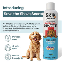 Skip the Groomer emergency dematter application rub shows easy massage into matted fur.