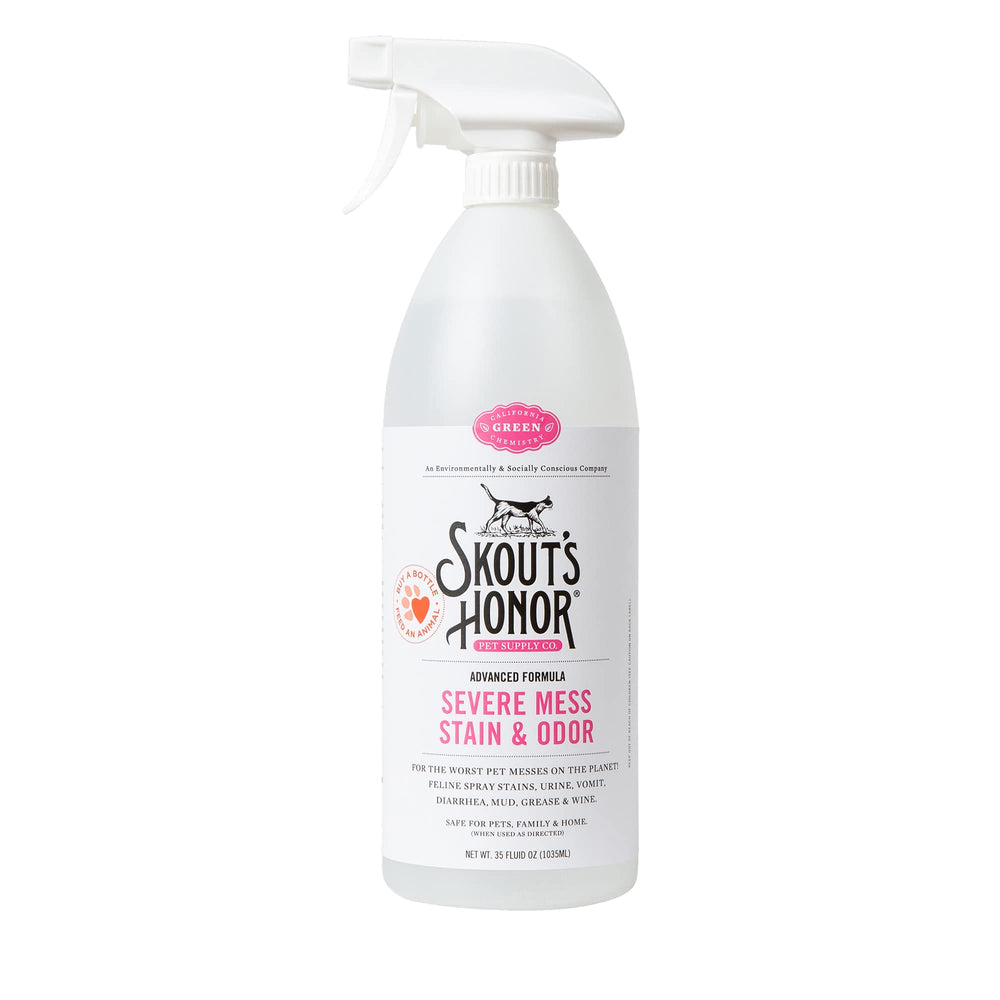 Skout's Honor Cat Severe Mess Stain Remover bottle front for tough cat stains.