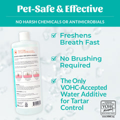 Skout's Honor Fresher Breath water additive in cat water bowl for odorless use.