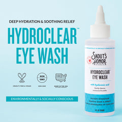 SKOUT'S HONOR HydroClear Eye Wash label closeup, fragrance-free for sensitive eyes.