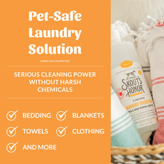 SKOUT'S HONOR Laundry Booster etiqueta cerca de manchas en camas de mascotas.