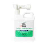 SKOUT'S HONOR Pet Urine Destroyer bottle illustrates stain removal on concrete and turf surfaces.