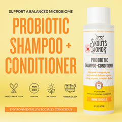 Skout's Honor probiotic cat shampoo label detail highlighting natural ingredients and probiotic benefits