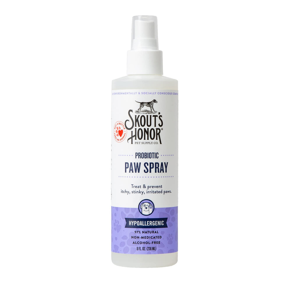 Skout's Honor Probiotic Paw Spray bottle close-up for gentle paw care.