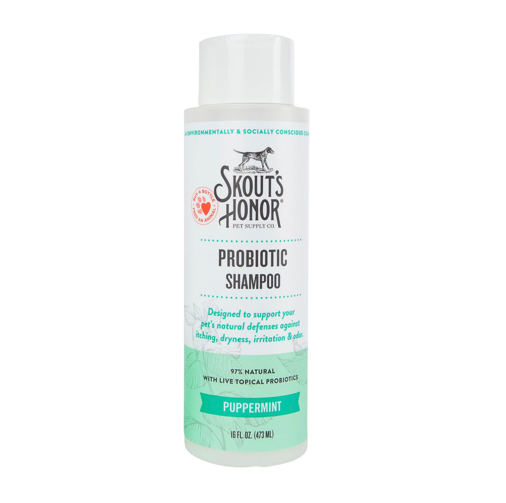 Skout's Honor Puppermint Shampoo bottle label highlighting gentle cleansing for healthy coats.