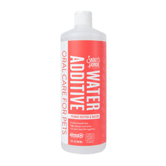 Skout's Honor Peanut Butter & Bacon Water Additive bottle ready to pour for fresher pet breath.