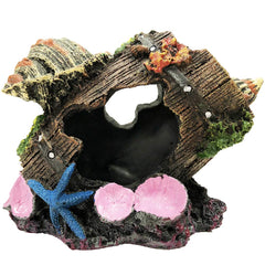 SLOCME broken-barrel-conch-ornament front view enhances natural aquarium habitat for fish.