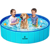 Sloosh foldable dog pool folded for compact storage and space-saving design