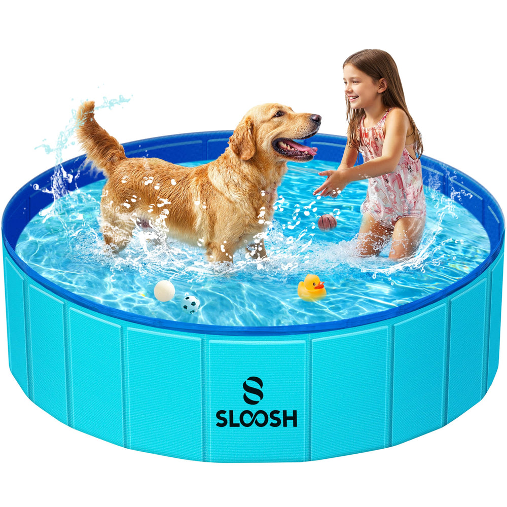 Sloosh foldable dog pool front view shows sturdy 48x12 inch design for backyard play