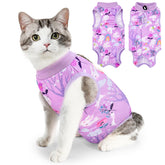 SlowTon cat recovery suit worn front view in purple for comfortable fit.