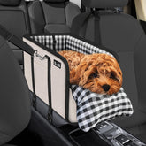 SlowTon Console Dog Seat beige front view shows a compact booster for small dogs on car rides.