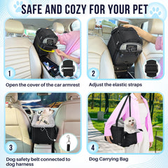 SlowTon Console Dog Seat bottom straps demonstrate universal car fit.
