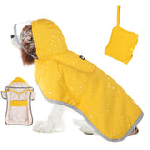 SlowTon dog raincoat back view demonstrates full-body waterproof protection during rainy walks.