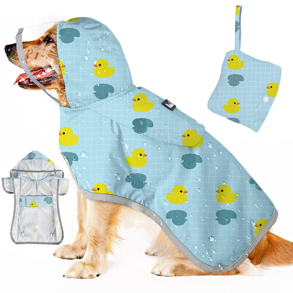 SlowTon dog raincoat back view shows full coverage for dry walks