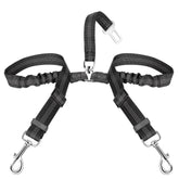 SlowTon dog seat belt double strap clip secures two pets during car rides.