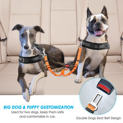 SlowTon dog seatbelt elastic-bungee shows flexible length for comfortable motion.