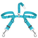 SlowTon dog seat belt front view shows a secure back-seat setup for two dogs.