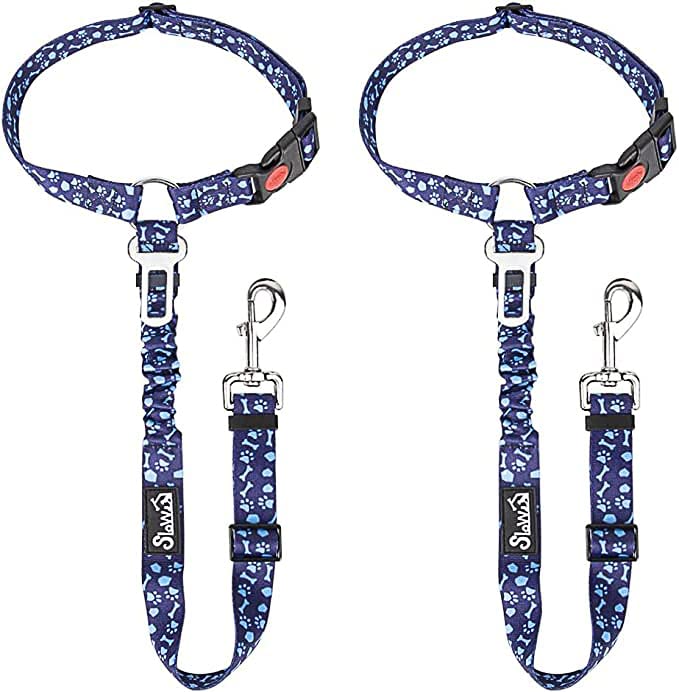 SlowTon dog seat belt with headrest clip shows secure road-trip restraint.