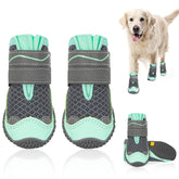 SlowTon dog shoes left-straps view shows secure fit for outdoor walks