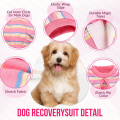 SlowTon pink back-strap adjustments on dog onesie for secure fit