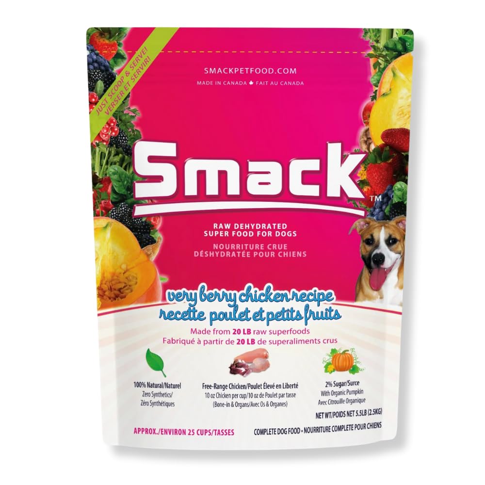 Smack Very Berry Chicken dog food bag highlights grain-free formula for easy feeding