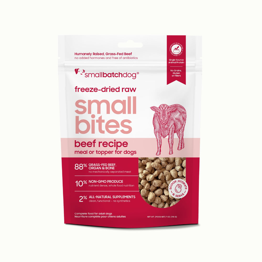 Smallbatch freeze-dried beef dog food pack 7oz showcasing convenient protein option for meals