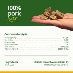 Smallbatch freeze-dried pork liver treats food-topper shot suggests easy meal boost.