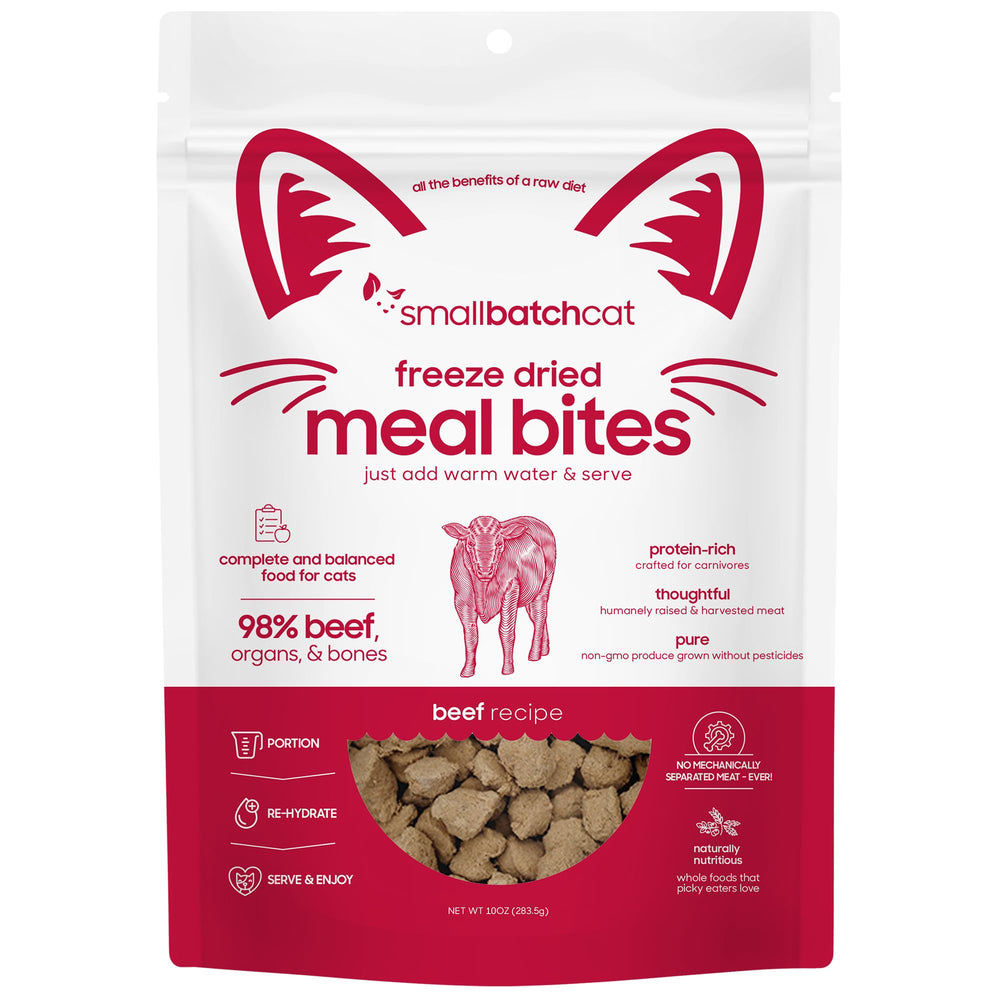 Smallbatch Freeze-Dried Raw Cat Food Beef Recipe bites ready to rehydrate for a protein-rich meal