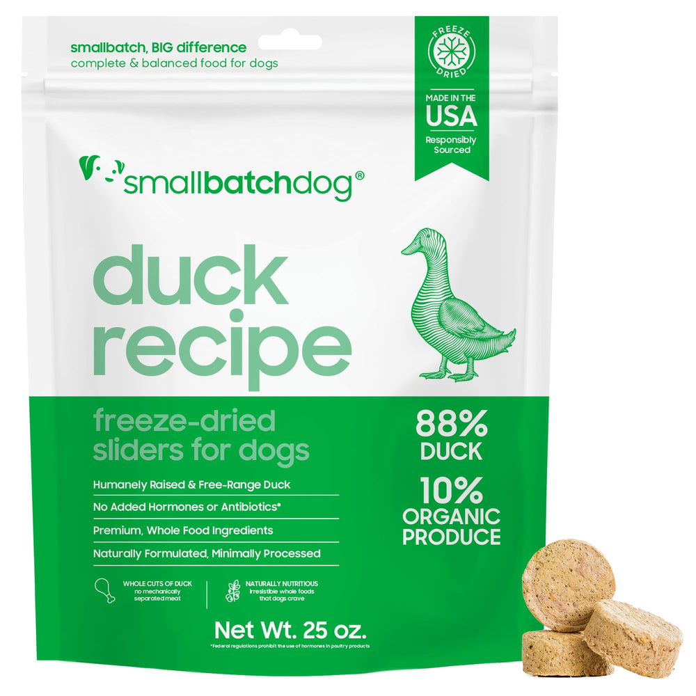 smallbatch Pets duck recipe freeze-dried bites in a bowl for a protein-rich meal option