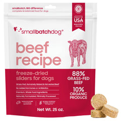 Smallbatch Pets beef recipe freeze-dried dog food in a bowl supports picky eaters with grain-free protein.