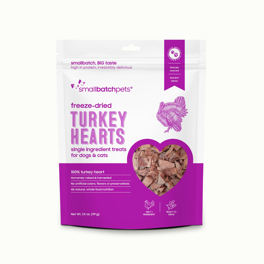 smallbatch Pets turkey heart treats packaging showing USA-made single-ingredient goodness.