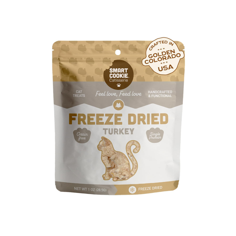 Smart Cookie Turkey Freeze-Dried Cat Treats pouch showing lean turkey snack, high-protein option
