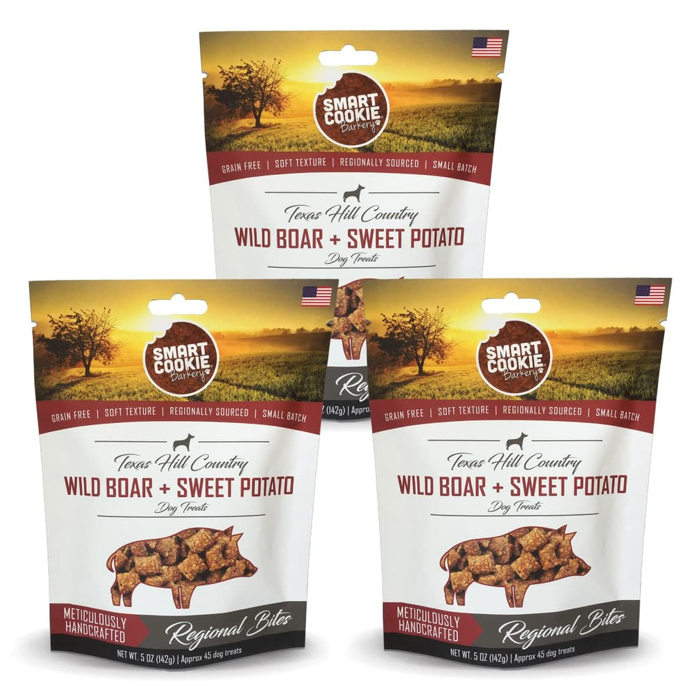 Smart Cookie wild boar sweet potato treats packaging for three-pack convenience