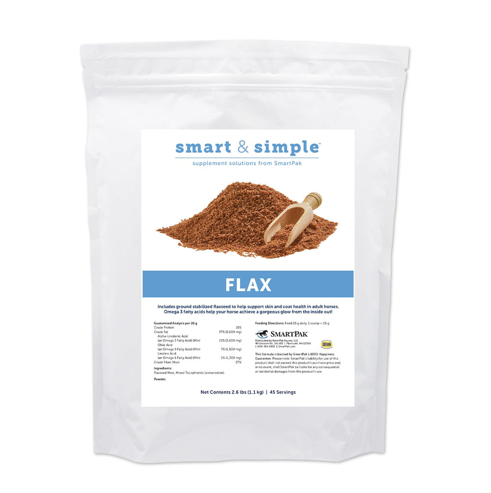 SmartEquine Smart & Simple Flax bottle label shows omega-3 benefits for skin.