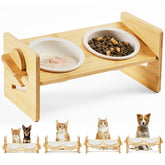 Smartoo ceramic elevated cat bowls assembled on bamboo stand for comfortable feeding.