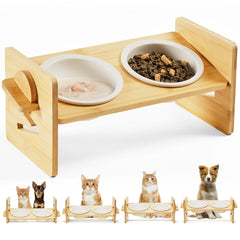 Smartoo ceramic elevated cat bowls assembled on bamboo stand for comfortable feeding.