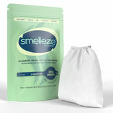 SMELLEZE pouch closeup shows reusable odor eliminator delivering long-lasting air freshness.