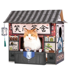 Smile Paws cat bed with cardboard house and scratchers for enrichment and scratching.