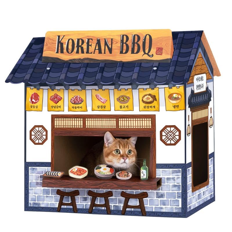 Smile Paws Korean BBQ cat house with scratchers offers a cozy, interactive hiding spot.