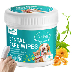 SmileDenX Teeth Cleaning Wipes packaging shows easy, mess-free pet dental care.
