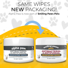 Smiling Paws Pets wipe closeup showing ketoconazole and chlorhexidine ingredients for skin care.