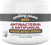 Smiling Paws Pets antibacterial wipes bottle shown for quick canine and feline antiseptic care