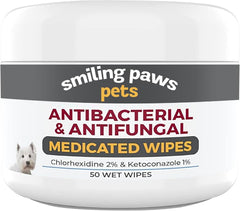 Smiling Paws Pets antibacterial wipes bottle shown for quick canine and feline antiseptic care