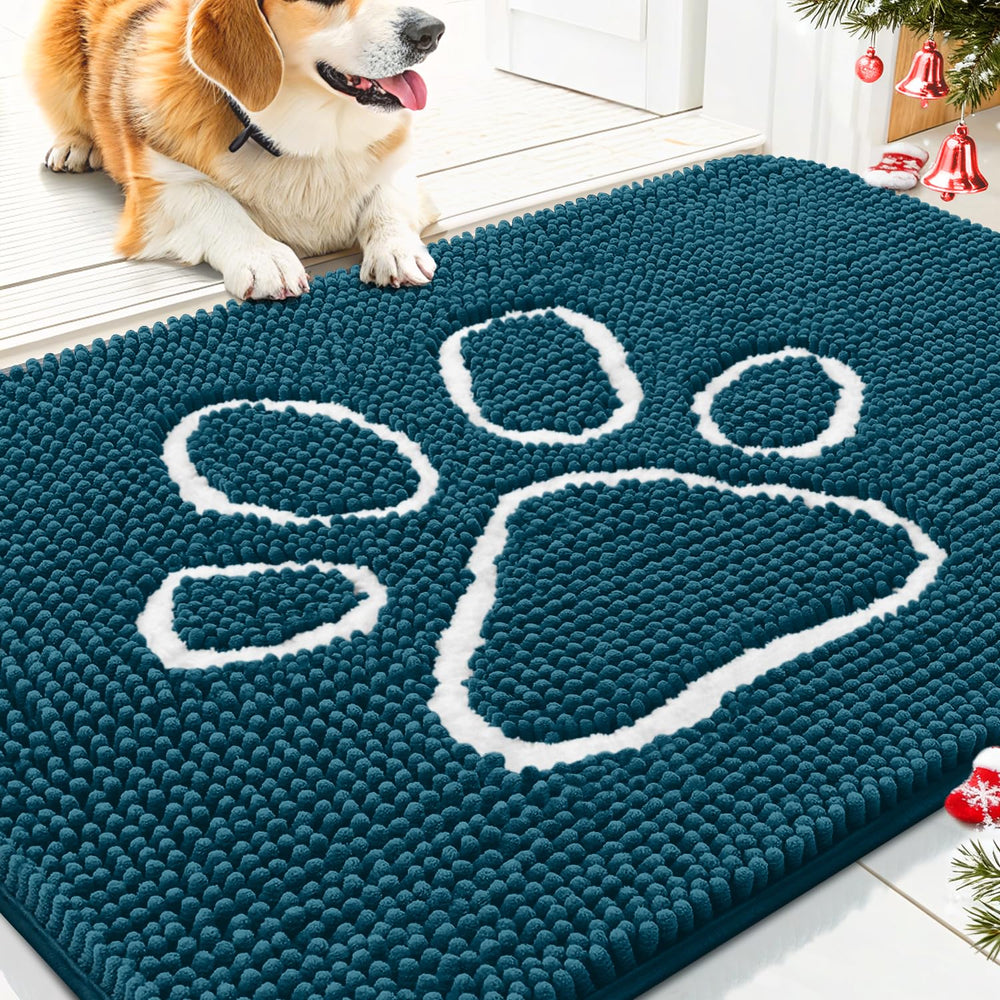 Smiry dog door mat in Atlantic Blue shows plush chenille for soft paw comfort.