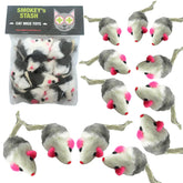 Smokey's Stash gray and white faux fur mouse with rattle encourages indoor play.