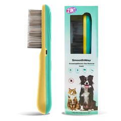 Smoothway professional flea comb 3-row teeth close-up for detangling long coats.