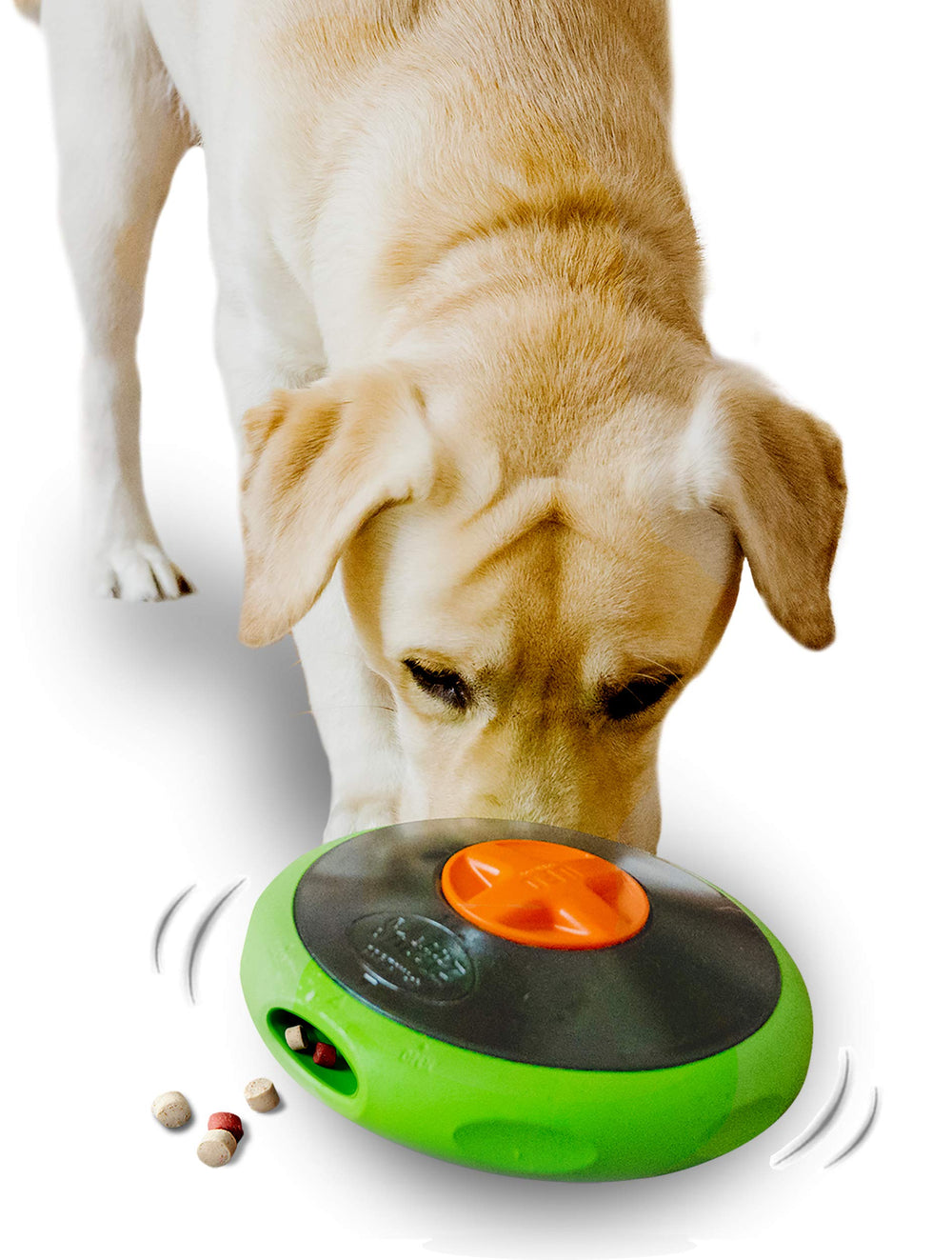 Sniffiz SmellyUFO treat-dispensing in action boosts canine engagement during play.