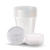 Snout and Shell deli cups with fabric lids secure fruit fly cultures for safe handling.