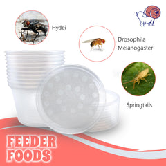 Snout and Shell polypropylene cups—bug safe containment for live feeder insects.